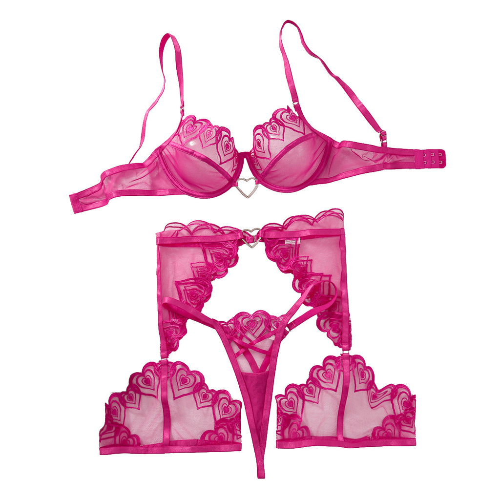Love embroidery perspective mesh sexy lingerie thong set