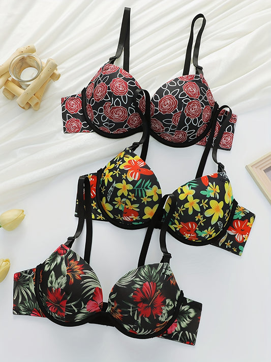 3pcs Women's Sexy Floral Underwire Push-Up Bra, Bra Sets, Padded Bras for Women Asian, Padded Bralette, Lace Bralettes, Bra And Panty Sets for Women, Padded Bra, Convertible Bra, High Bra, No Back Bras Unpadded, Push Up Bras