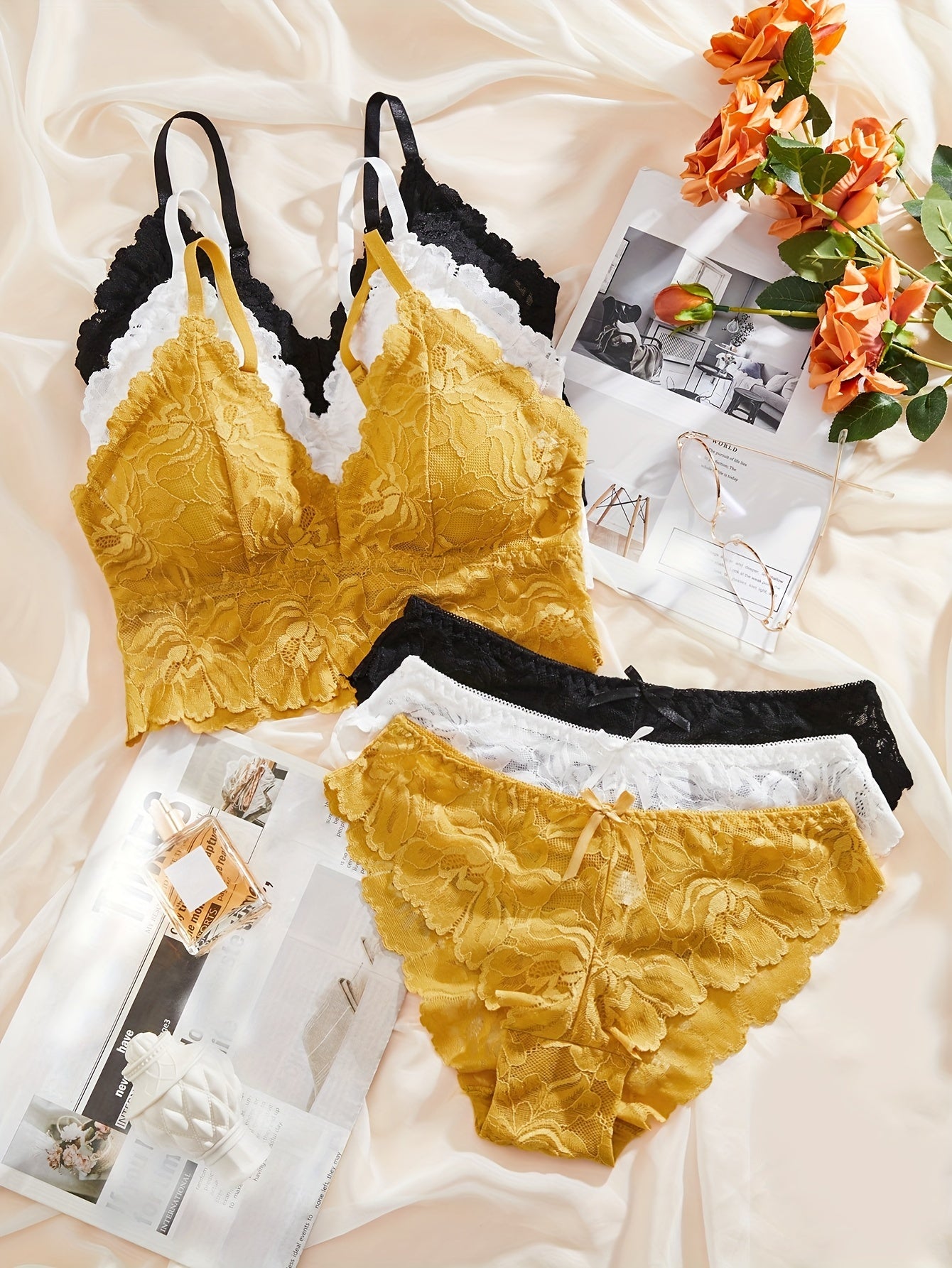 3-Pack Elegant Contrast Lace Lingerie Set for Women - Comfy Wireless Bras & Charming Bow-Tie Panties - Perfect for Daily Wear & Special Occasions