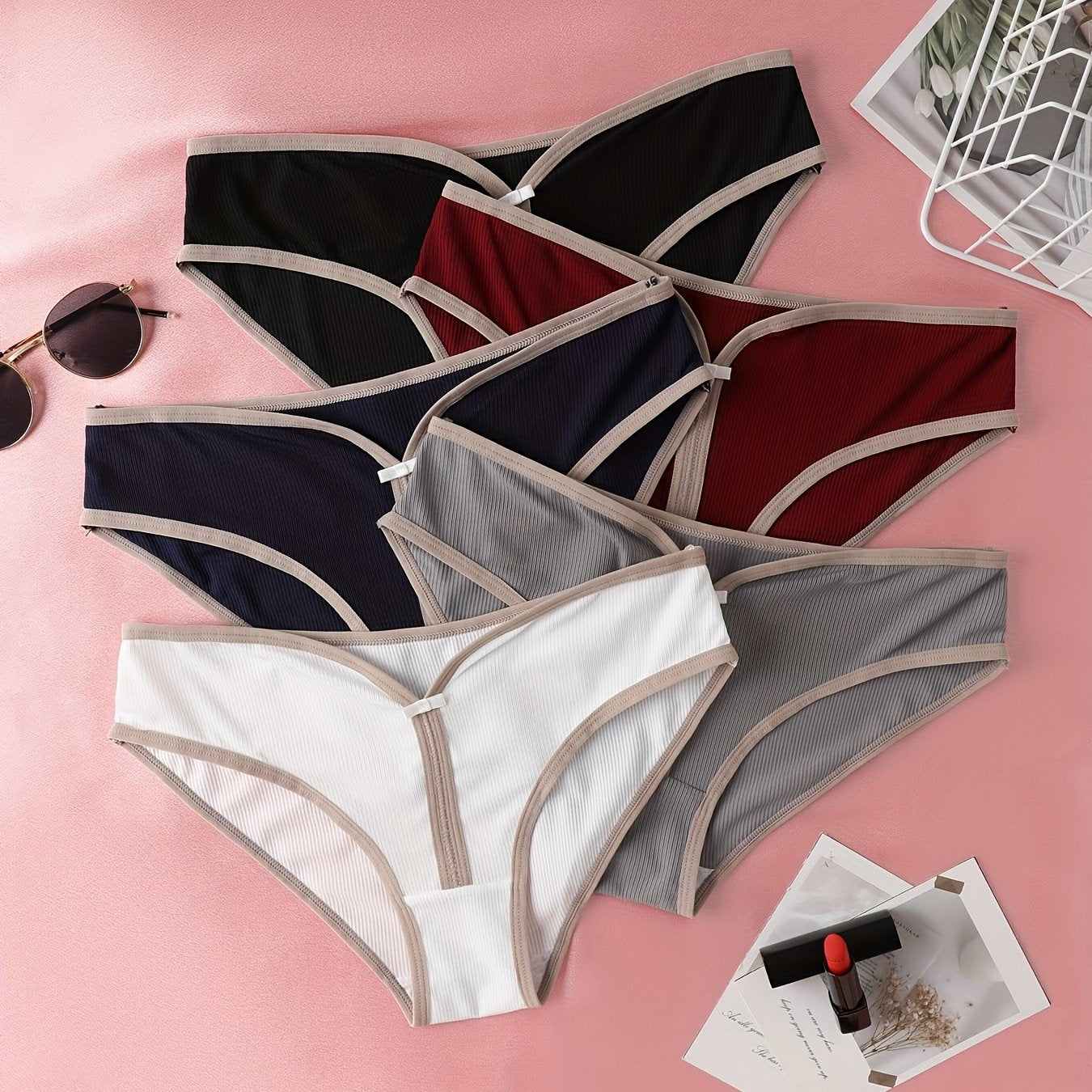 5-Pack Elegant Women'S Panties, Breathable Knit Polyester Fabric, Solid Color Underwear with Stretch, 90% Polyester 10% Elastane