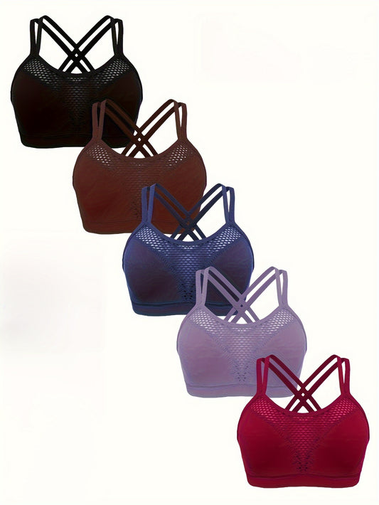 5-Pack Women's Crisscross Back Sports Bras, Wirefree Padded Yoga Bralettes, Assorted Colors, Breathable Mesh Comfort Fit