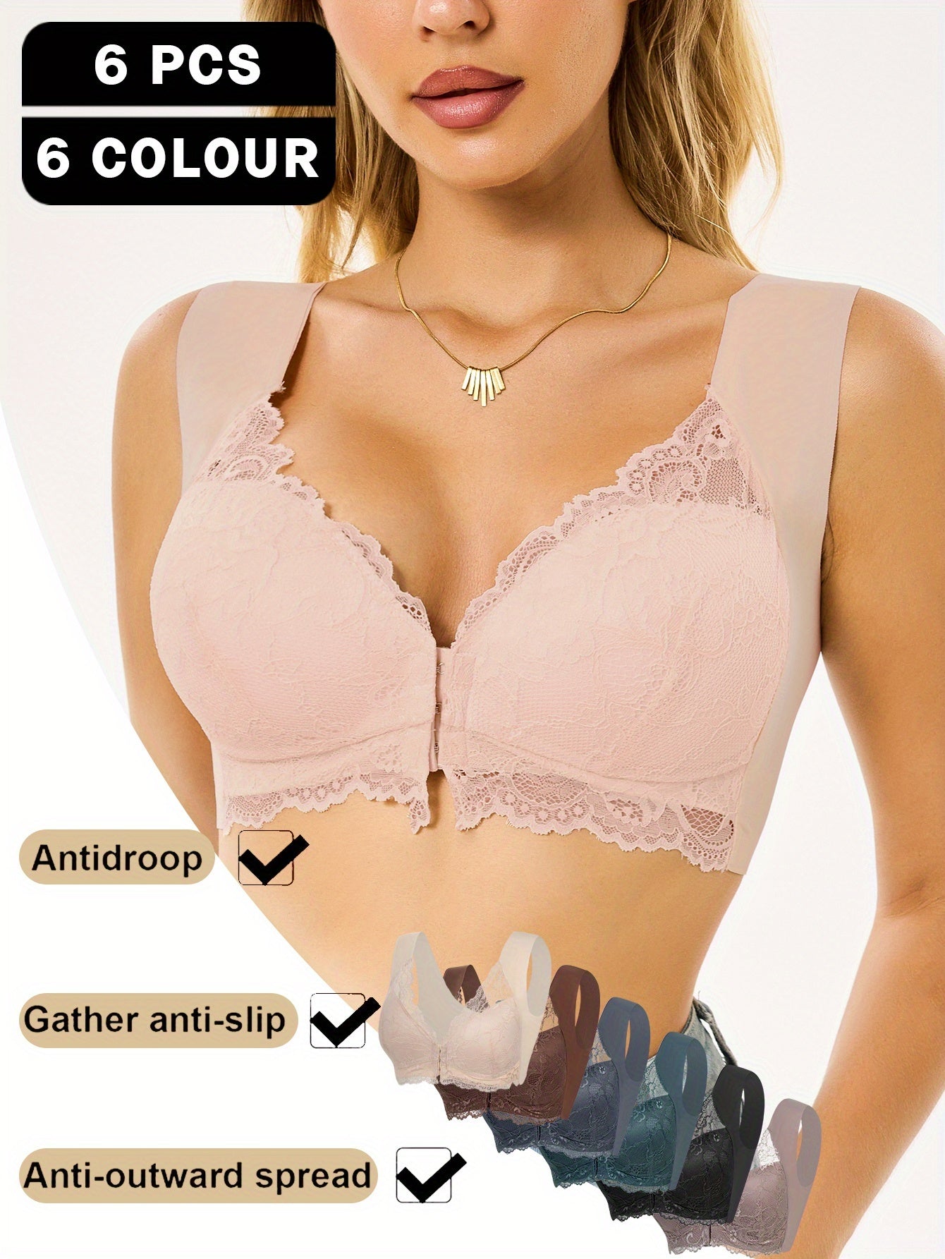 6pcs Of Women's Lace-trimmed, Wire-free Front-clasp Bras - Comfortable, Seamless Casual Attire, Soft And Breathable Fabrics for Sexy And Elegant Lingerie, Bra And Panty Sets for Women, Under Wire Bras for Women Push Up Heavy