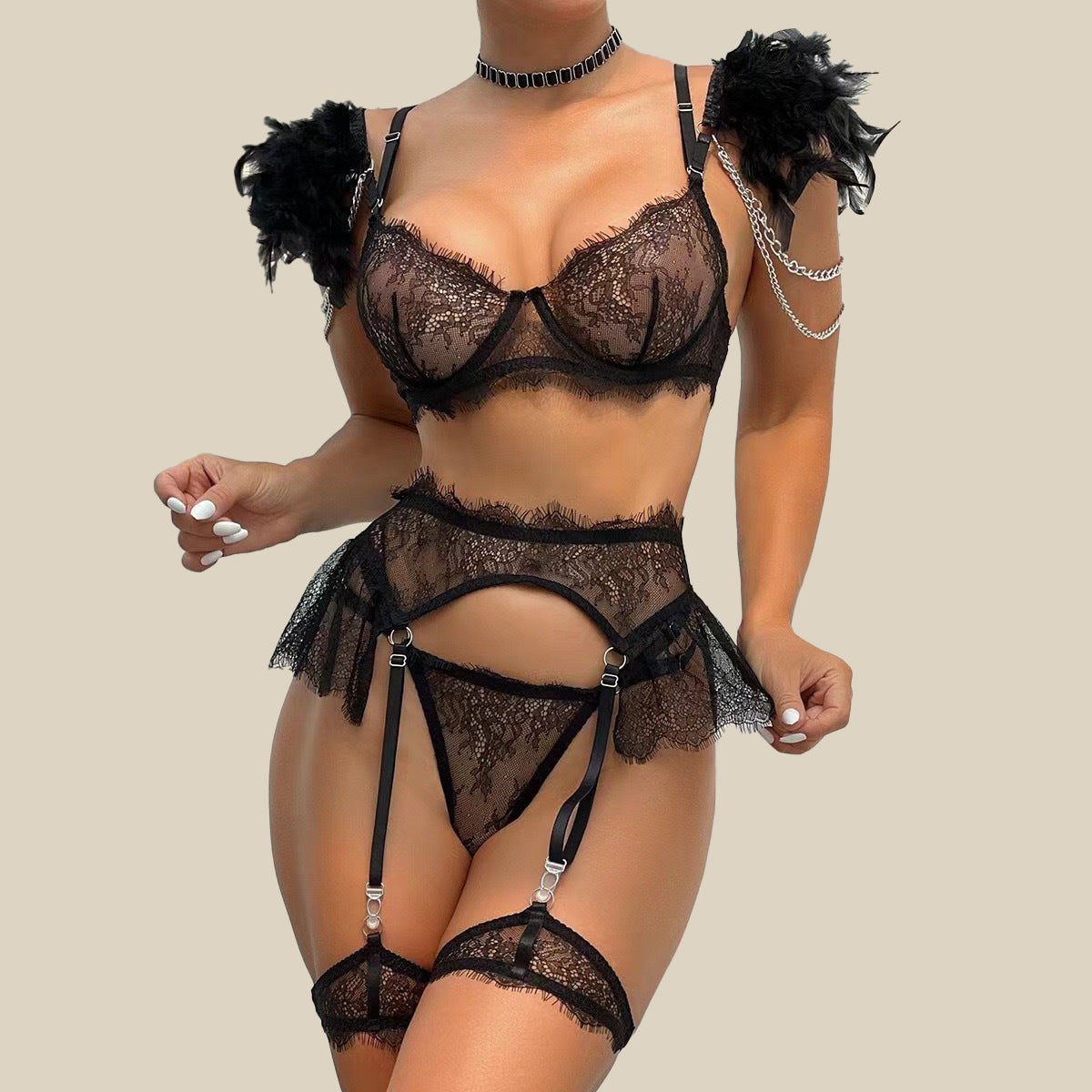 Lingerie Set Fashion Feather Splicing Removable Metal Chain Lace Trim Sexy Four-Piece Set