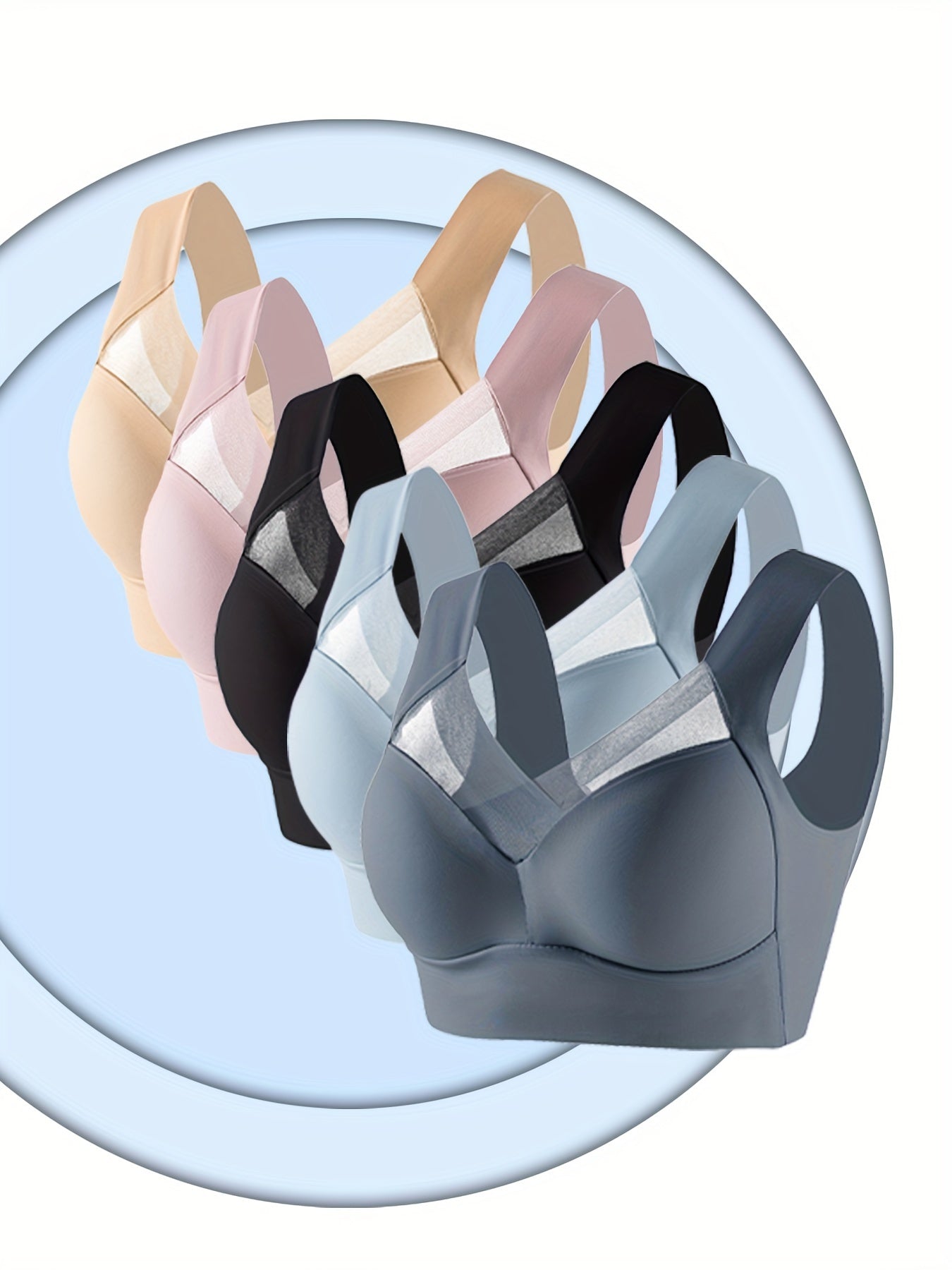 5-Piece Set of Wireless Mesh Contrast Sports Bras - High Elasticity, Push-up, Supportive, Thin Molded Cups for Yoga and Fitness - Breathable, Sweat-Wicking, Comfortable, and Adjustable Straps