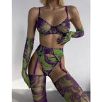 Erotic Lingerie Set with Gloves and Socks - Sexy Underwear with Lace and Printed Fabric