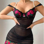 Sexy Mesh Embroidered Transparent Pearl One-Shoulder Lingerie Set