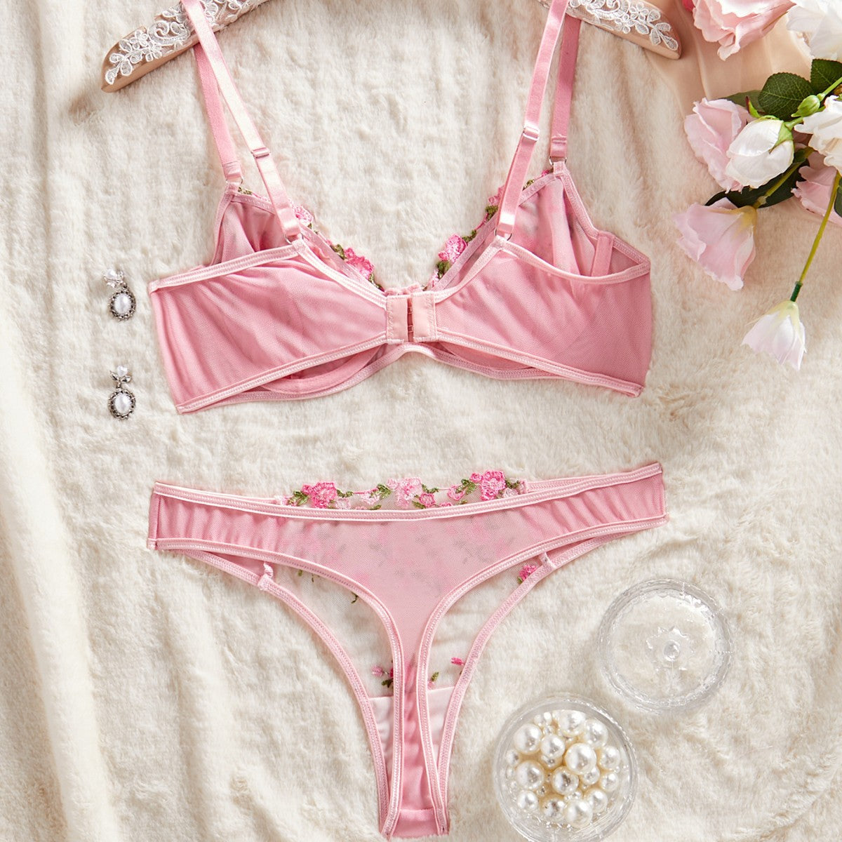 Sheer Mesh Sweet and Sexy Lingerie Temptation Set with Thong Underwear