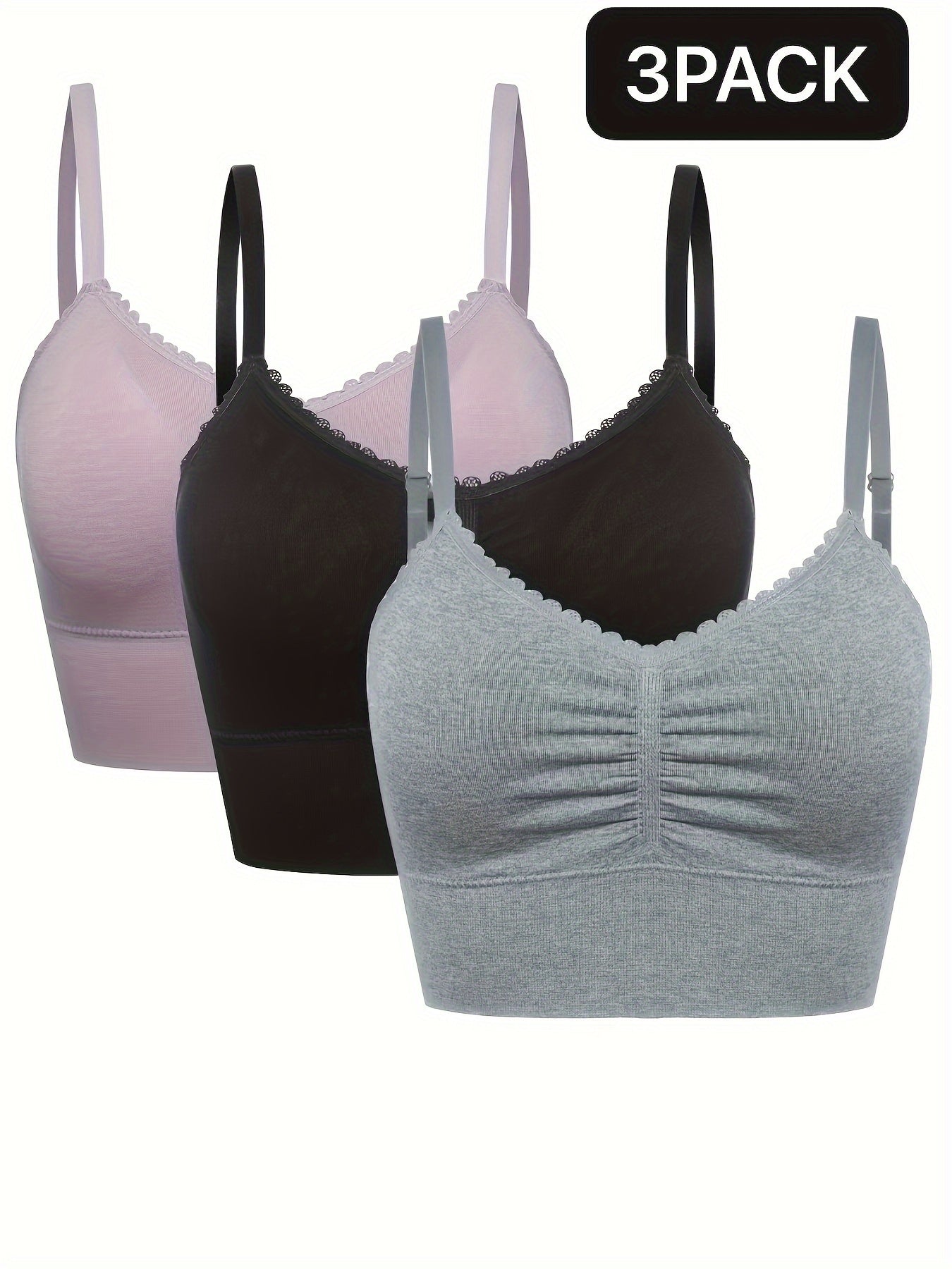 3pcs Women's Plus Size Seamless High-Elasticity Bras - Wire-Free Comfort with Removable Pads & Lace Trim, Soft Stretch Fabric for Casual Attire (Light Pink, Black, Grey), Comfortable Undergarments, Elegant Bra Design, Smooth