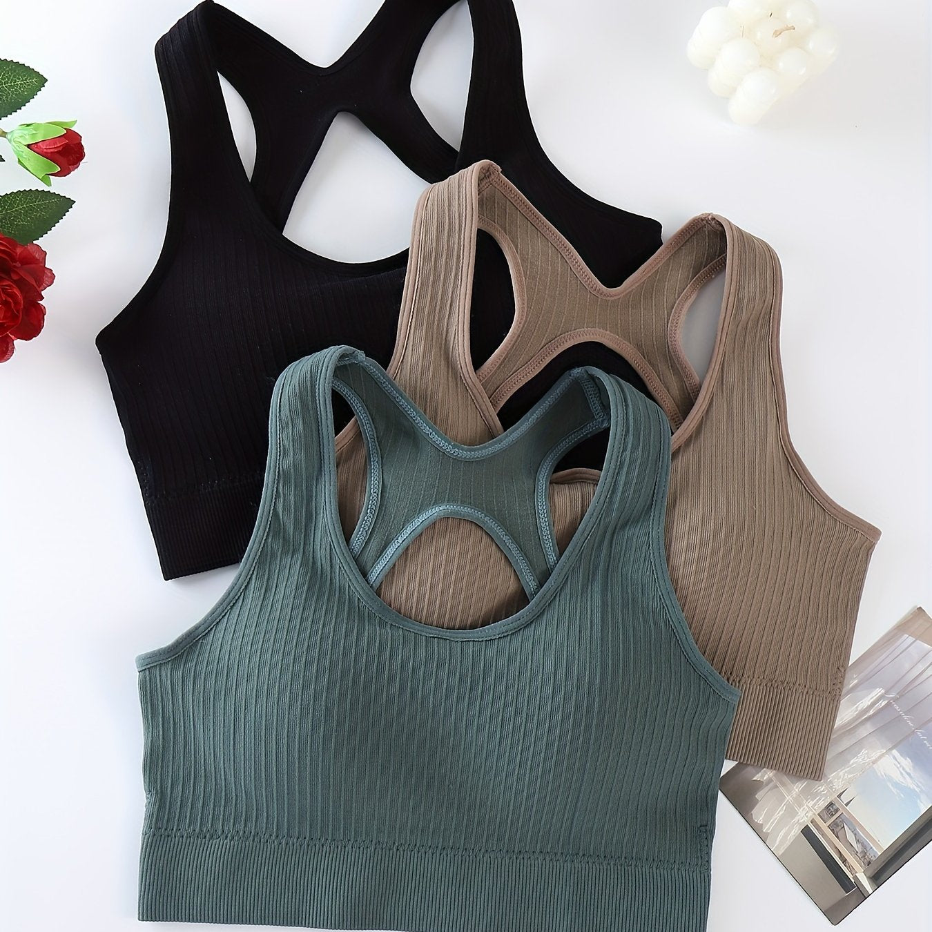 3-Pack Sports Bras For Women, Racerback Cut Out Yoga Workout Fitness Tank Tops - Comfortable Stretch Gym Wear