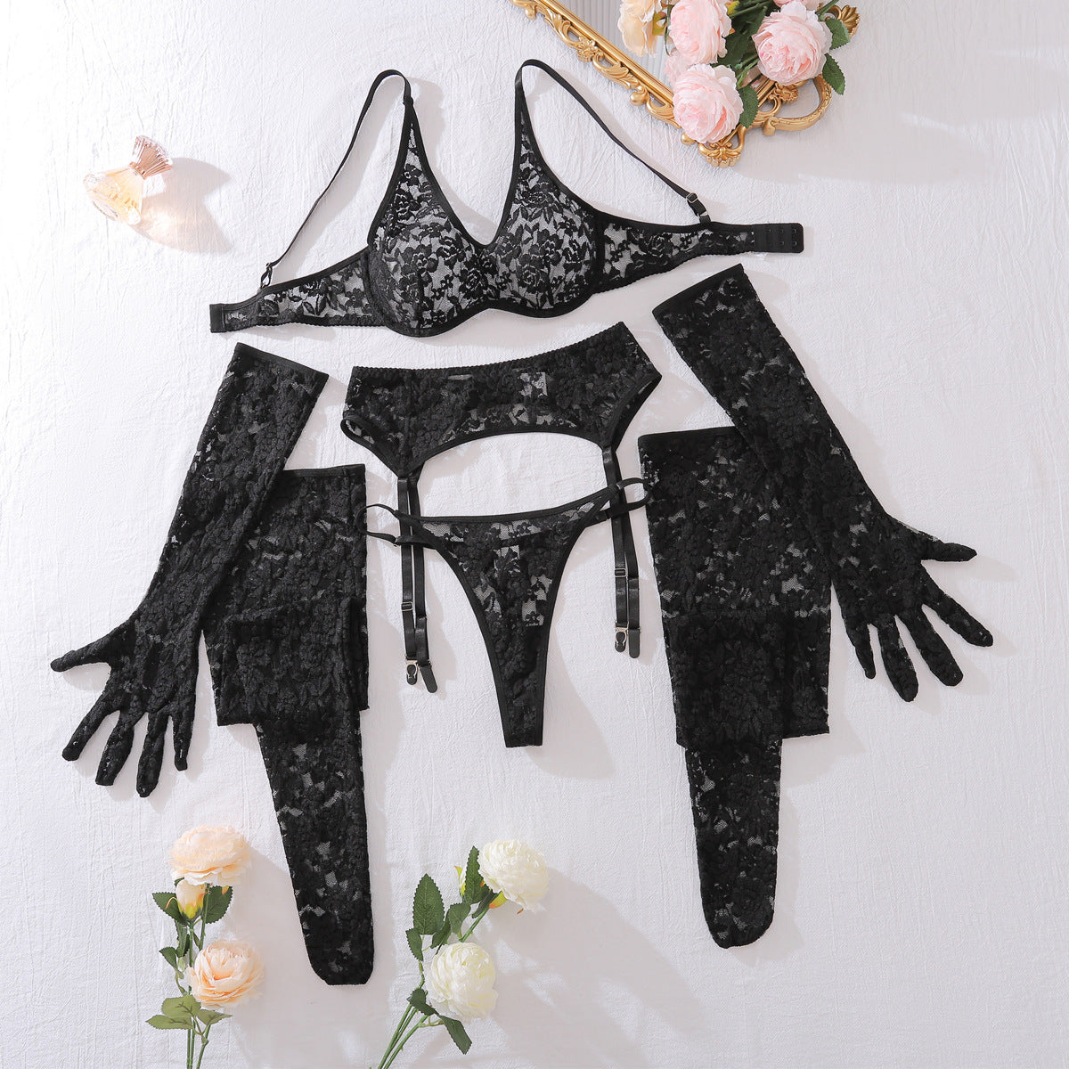 Sexy lingerie set comfortable perspective mesh gloves leg socks fun five piece set