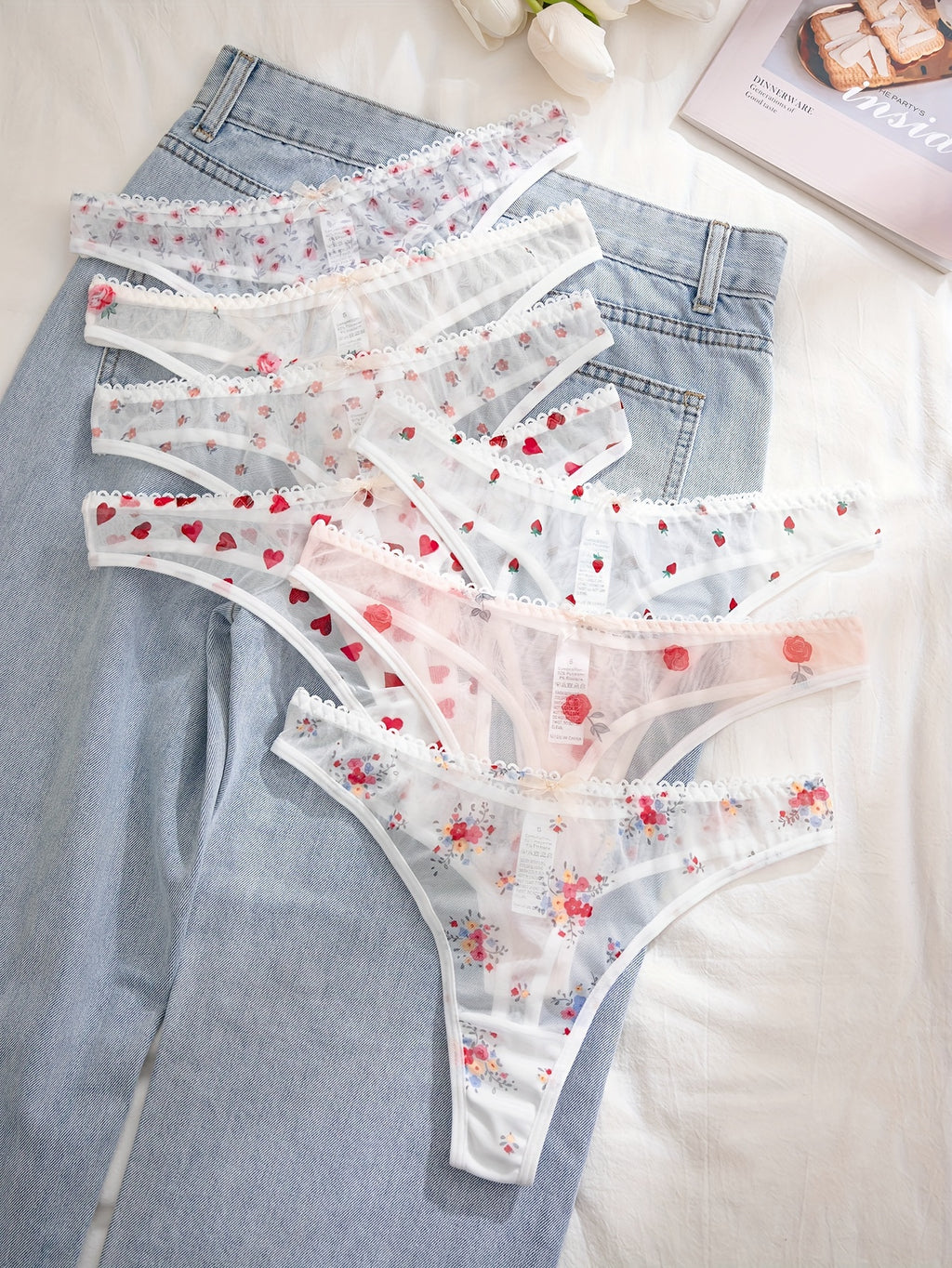 [Floral Print Undergarments] 7-Pack Women's Floral Print undergarments - Soft Semi-Sheer Everyday & Special Occasion Panties, Triangle Cut with Floral Pattern in Pink/Red/White/, Elegant Ladies Underwear for Bras & Outfits, F