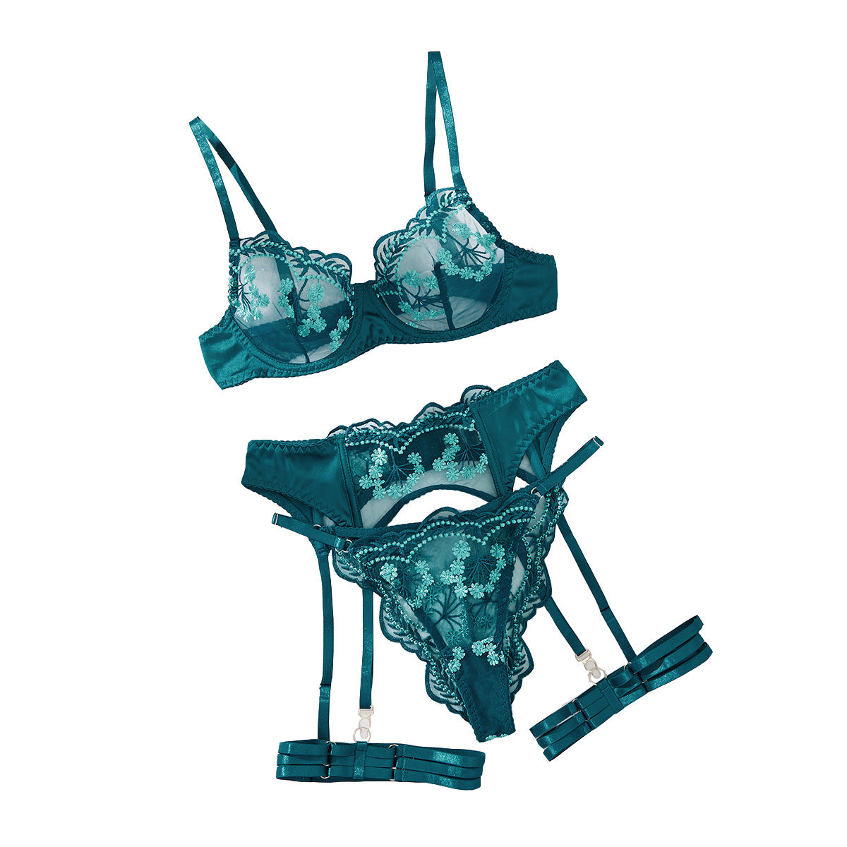 Embroidered splicing sexy shaping lingerie four piece set