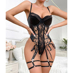 Sensual Lingerie Bodysuit with PU Leather and Lace Trim, Push-Up Bra, Fitted Underwear for Nightclub