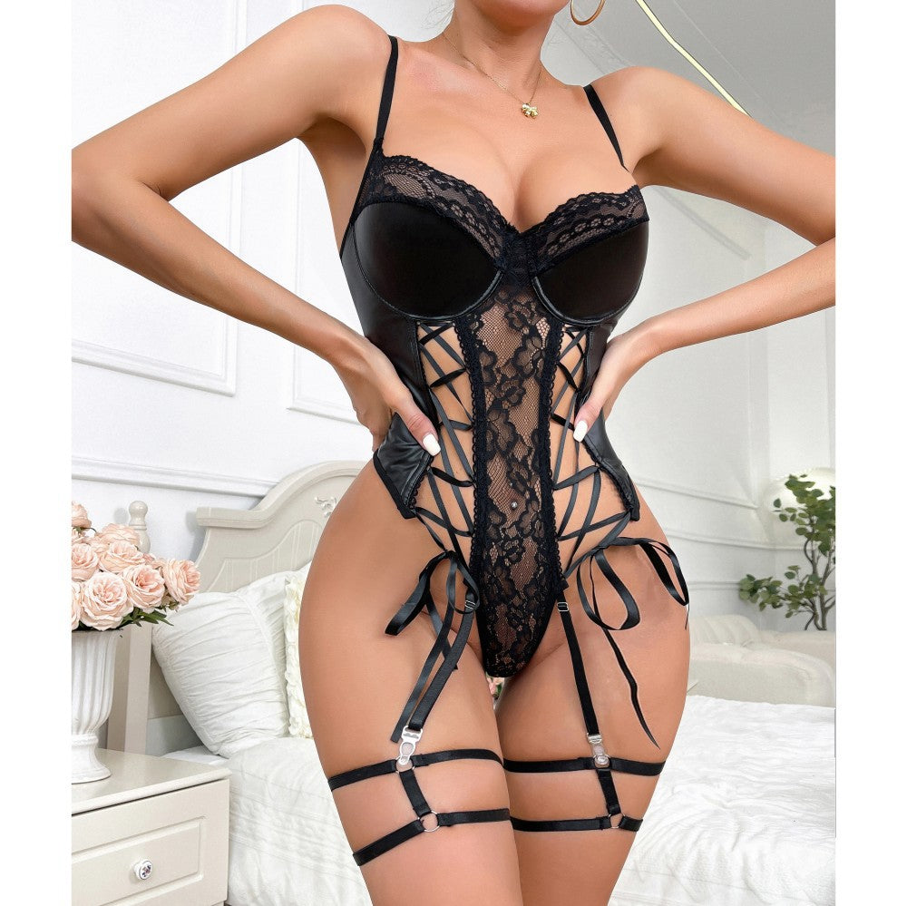 Sensual Lingerie Bodysuit with PU Leather and Lace Trim, Push-Up Bra, Fitted Underwear for Nightclub