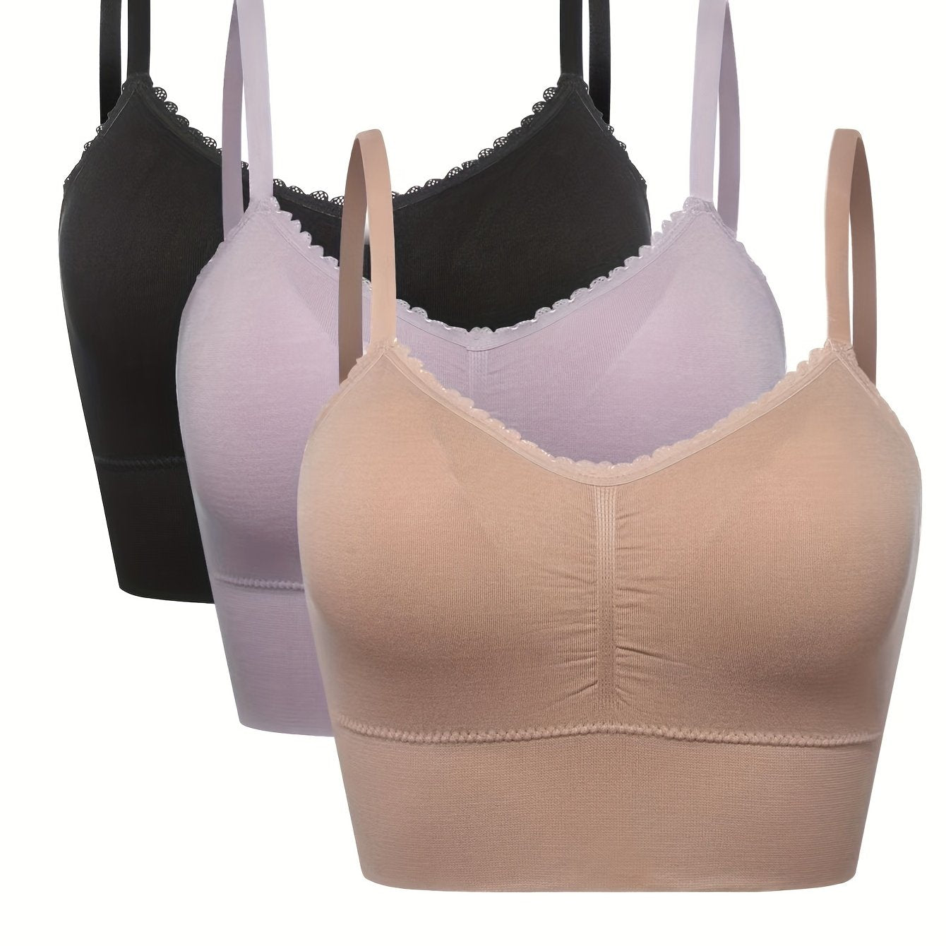 3pcs Women's Plus Size Seamless High-Elasticity Bras - Wire-Free Comfort with Removable Pads & Lace Trim, Soft Stretch Fabric for Casual Attire (Light Pink, Black, Grey), Comfortable Undergarments, Elegant Bra Design, Smooth
