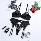 Lace mesh embroidery sexy lingerie gathering straps three piece set shaping body