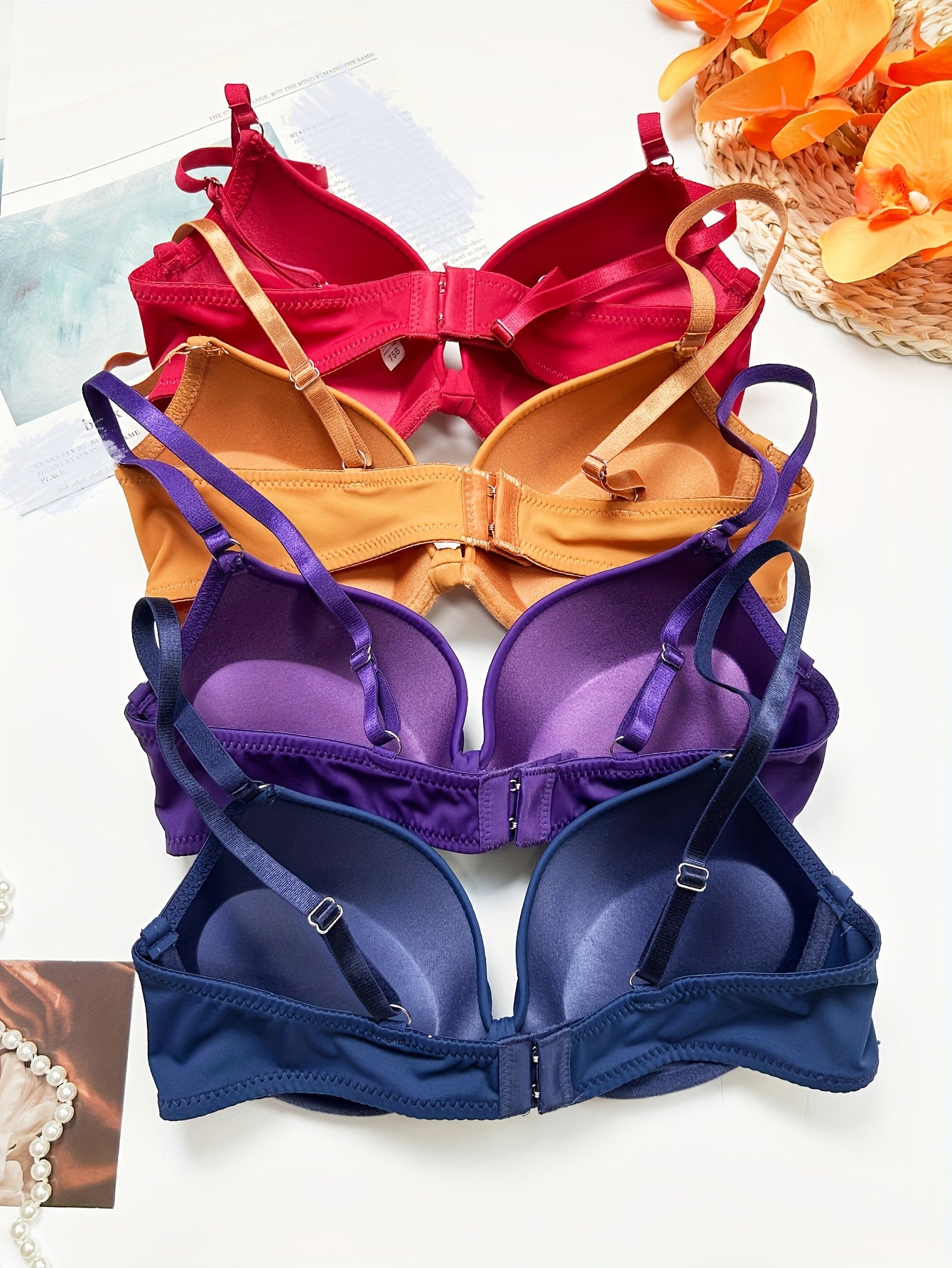 4pcs Simple Women's Underwear Bra with Padded Cups, Gathering Bustier, Single-Piece Multi-Color Combo Casual Bras, Bra Sets, Padded Bras for Women Asian, Padded Bralette, Lace Bralettes, Bra And Panty Sets for Women, Padded B
