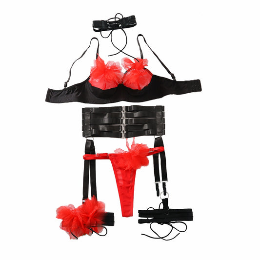 Hollow out splicing contrasting color lingerie and underwear five piece set