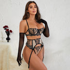 Floral Embroidery Patchwork Sheer Mesh Sexy Lingerie Set for Women