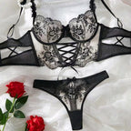 Sexy Mesh Embroidered Floral Cross-Tie Lingerie Set for Women