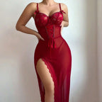 Lace hollow sleepwear jumpsuit with transparent mesh lingerie set