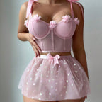 Sexy 3D Flower Bow Tie Sequin Mesh Skirt Lingerie Set
