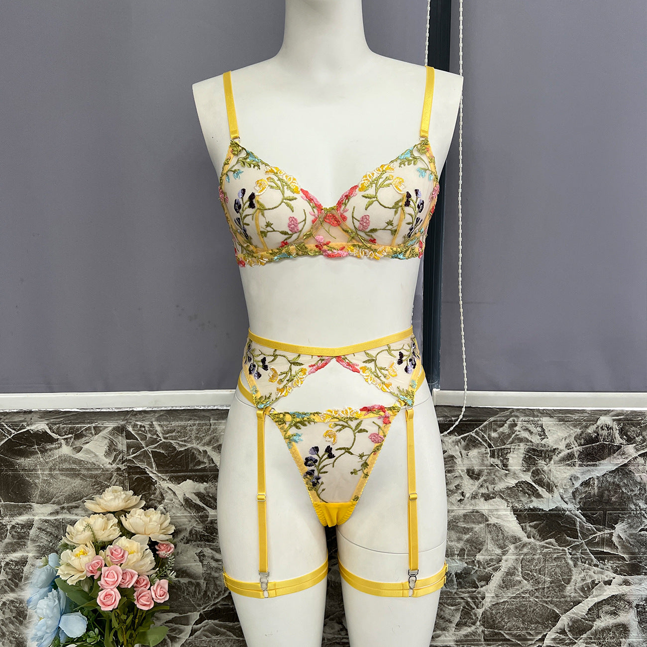 Transparent Floral Embroidered Lingerie Set - Exquisite and Sexy Underwear