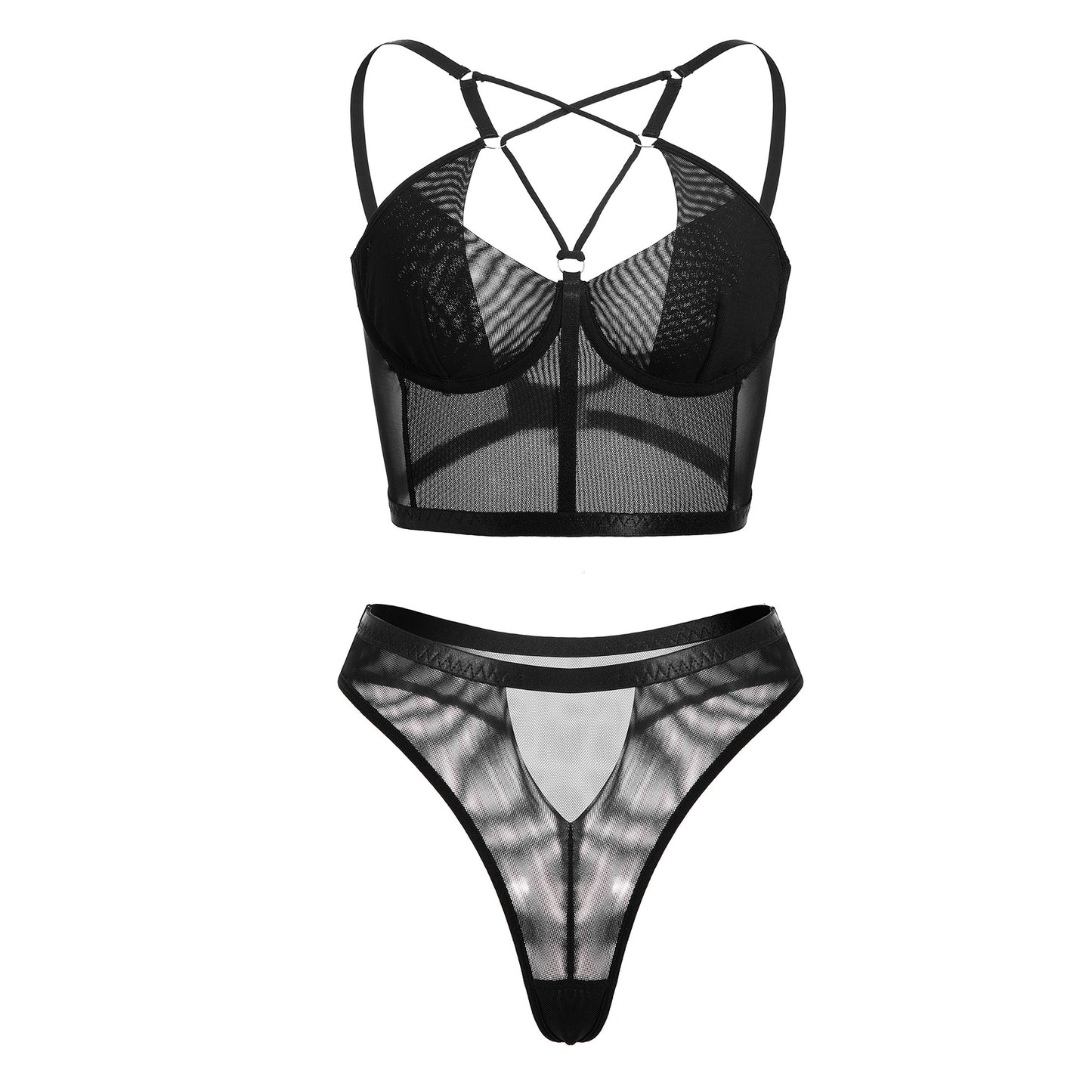 Black mesh see through bra lingerie women's sexy set