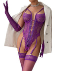 Purple Erotic Lingerie Bodysuit with Lace Trim and Transparent Nightwear Set with Gloves and Stockings
