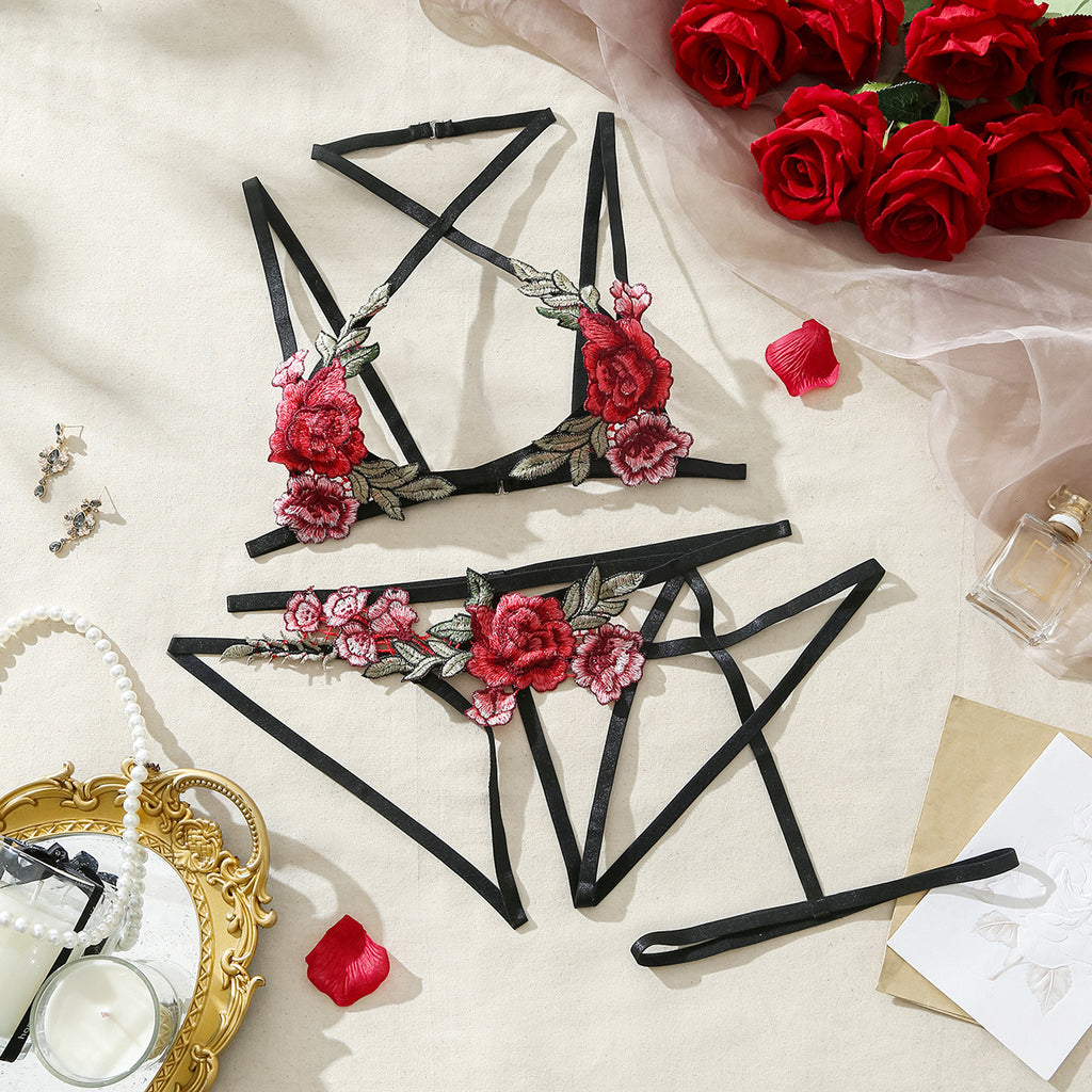 Flower hollow out sexy woven tape lingerie split set for women