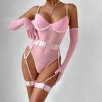 Sexy Sheer Mesh Bodysuit with Gloves and Bandage - Transparent Lingerie Set