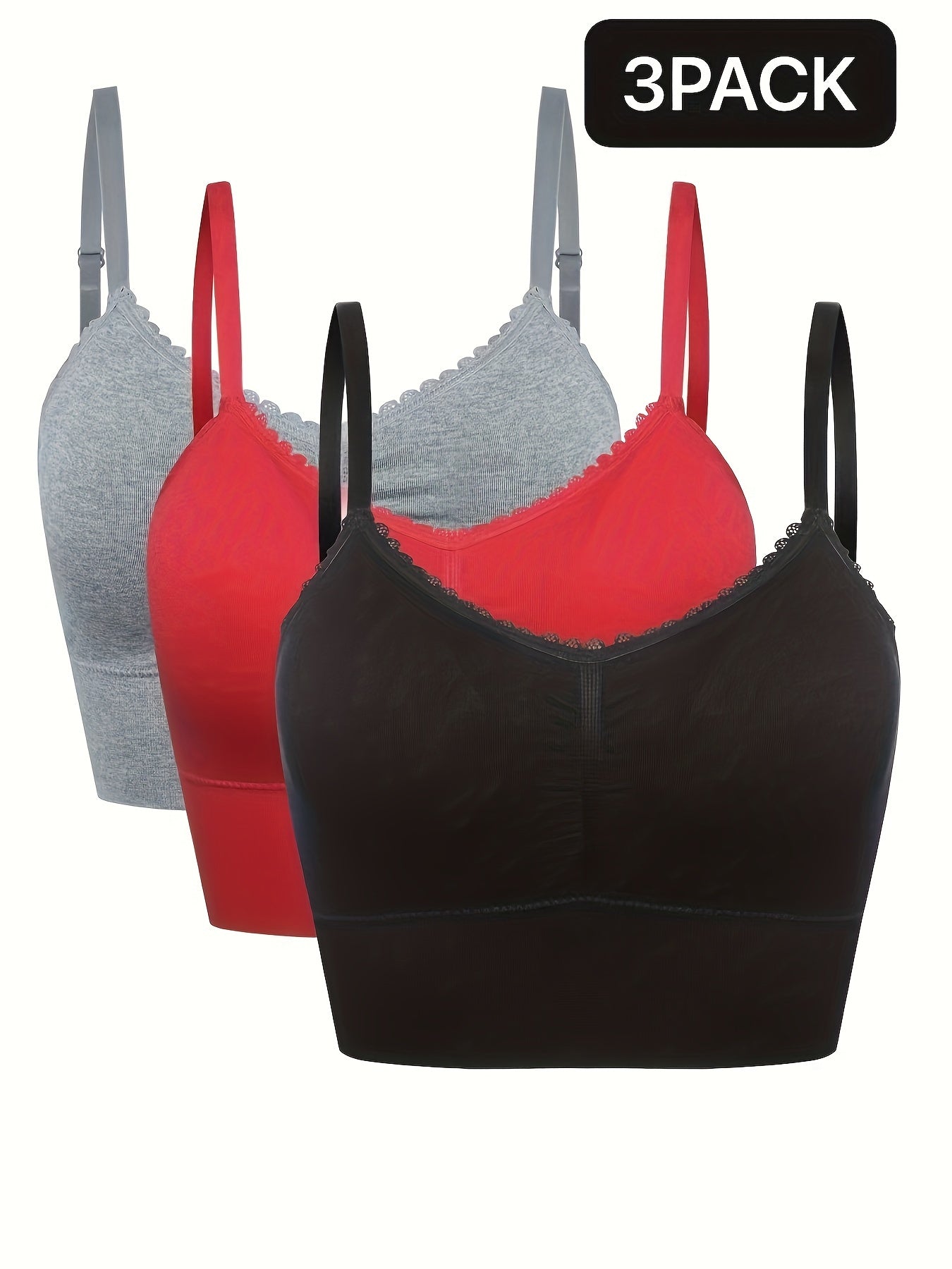 3pcs Women's Plus Size Seamless High-Elasticity Bras - Wire-Free Comfort with Removable Pads & Lace Trim, Soft Stretch Fabric for Casual Attire (Light Pink, Black, Grey), Comfortable Undergarments, Elegant Bra Design, Smooth
