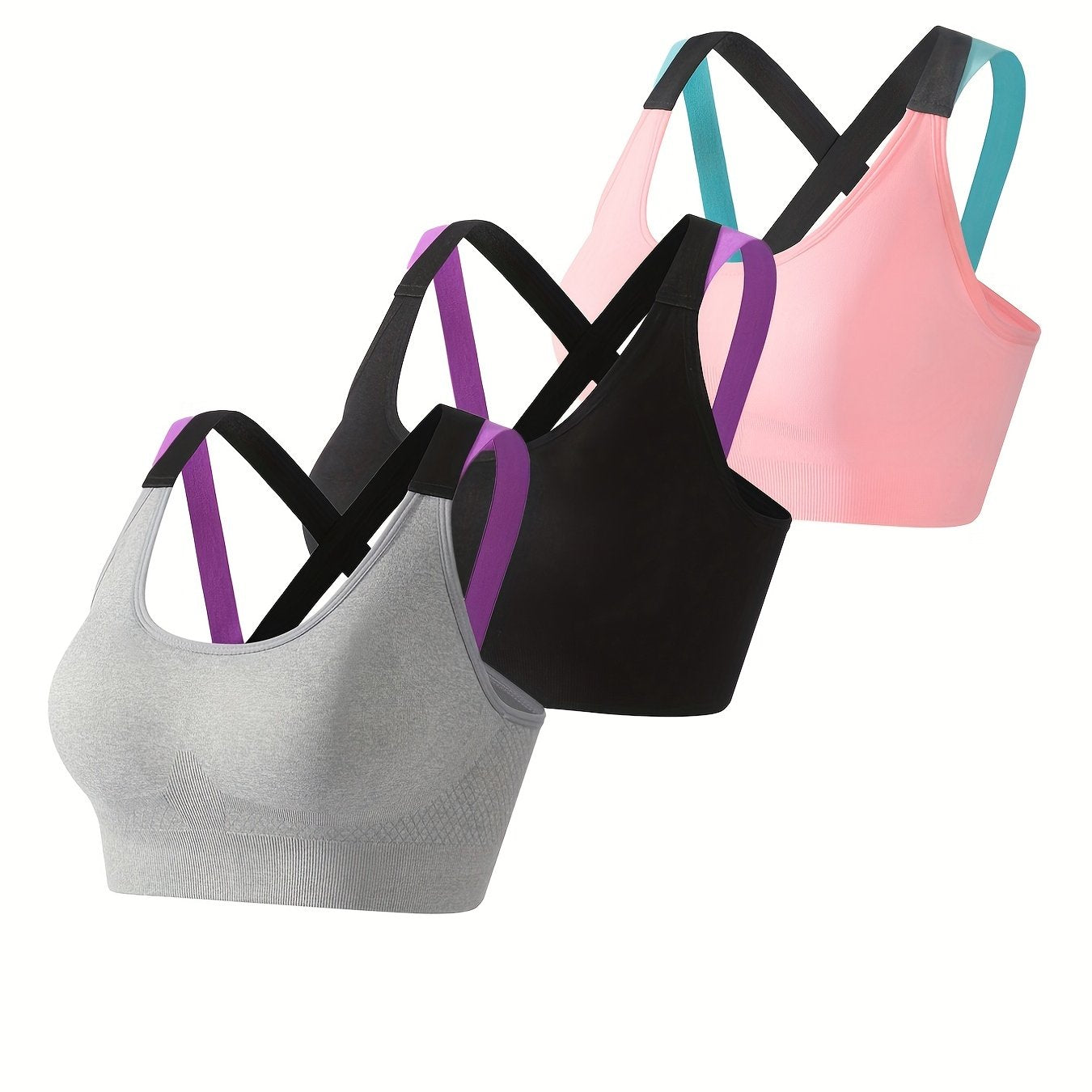 [Criss Cross Back Sports Bra] 3pcs Comfy Criss Cross Back Sports Bras - Breathable Colorblock Running Workout Bra for Women
