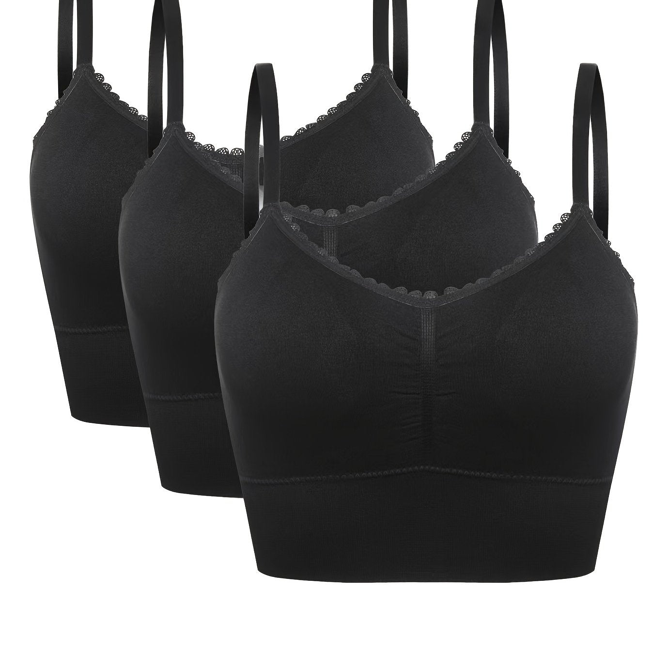 3pcs Women's Plus Size Seamless High-Elasticity Bras - Wire-Free Comfort with Removable Pads & Lace Trim, Soft Stretch Fabric for Casual Attire (Light Pink, Black, Grey), Comfortable Undergarments, Elegant Bra Design, Smooth