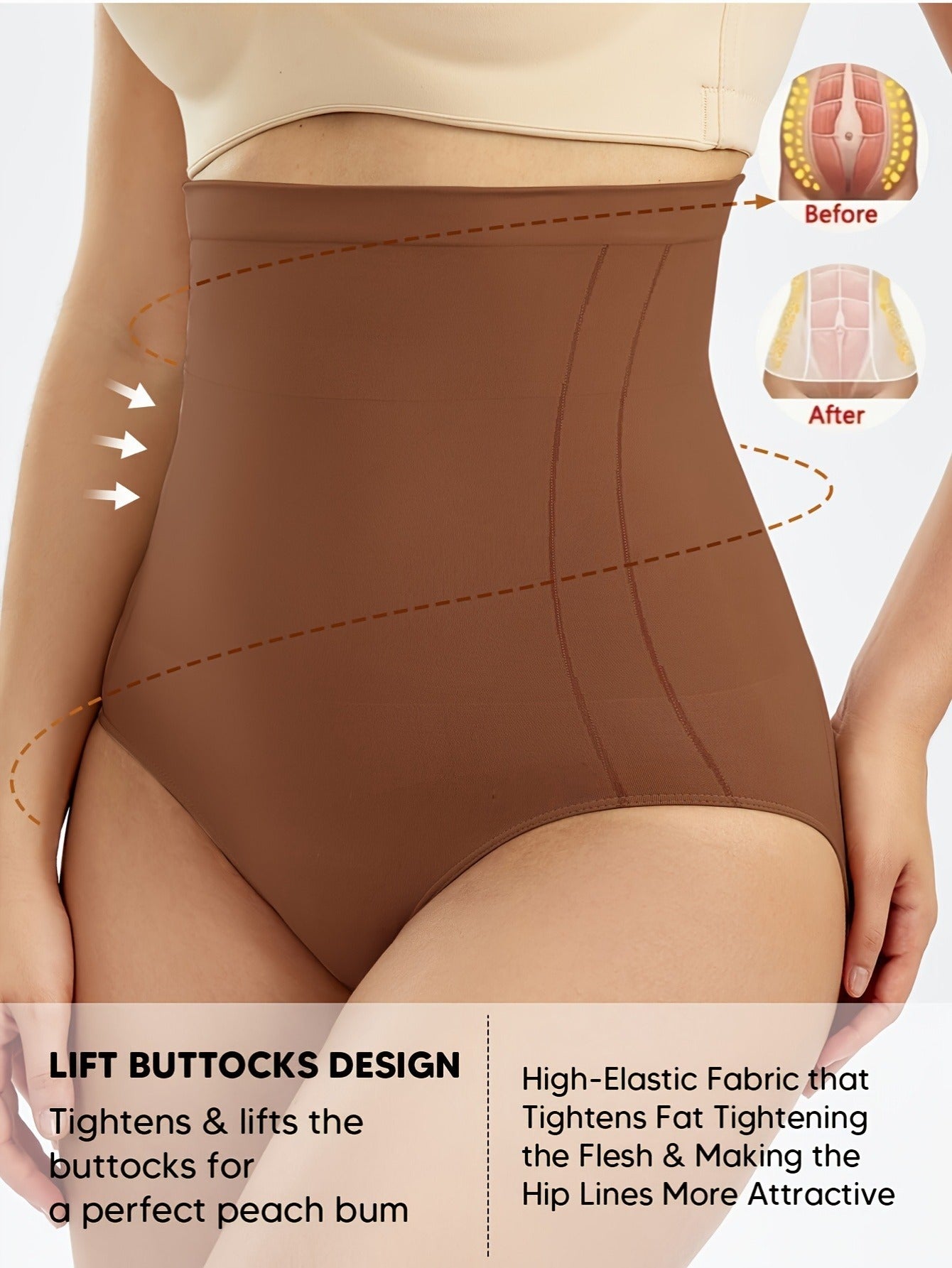 Women's High Waist Tummy Control & Hip Lifting Body Shapewear Underwear, Seamless Solid Briefs With Polyamide Material, Women's Panties Great Comfy & Breathable & Stretchy Slimming Panties, Women's Lingerie & Underwear, Women