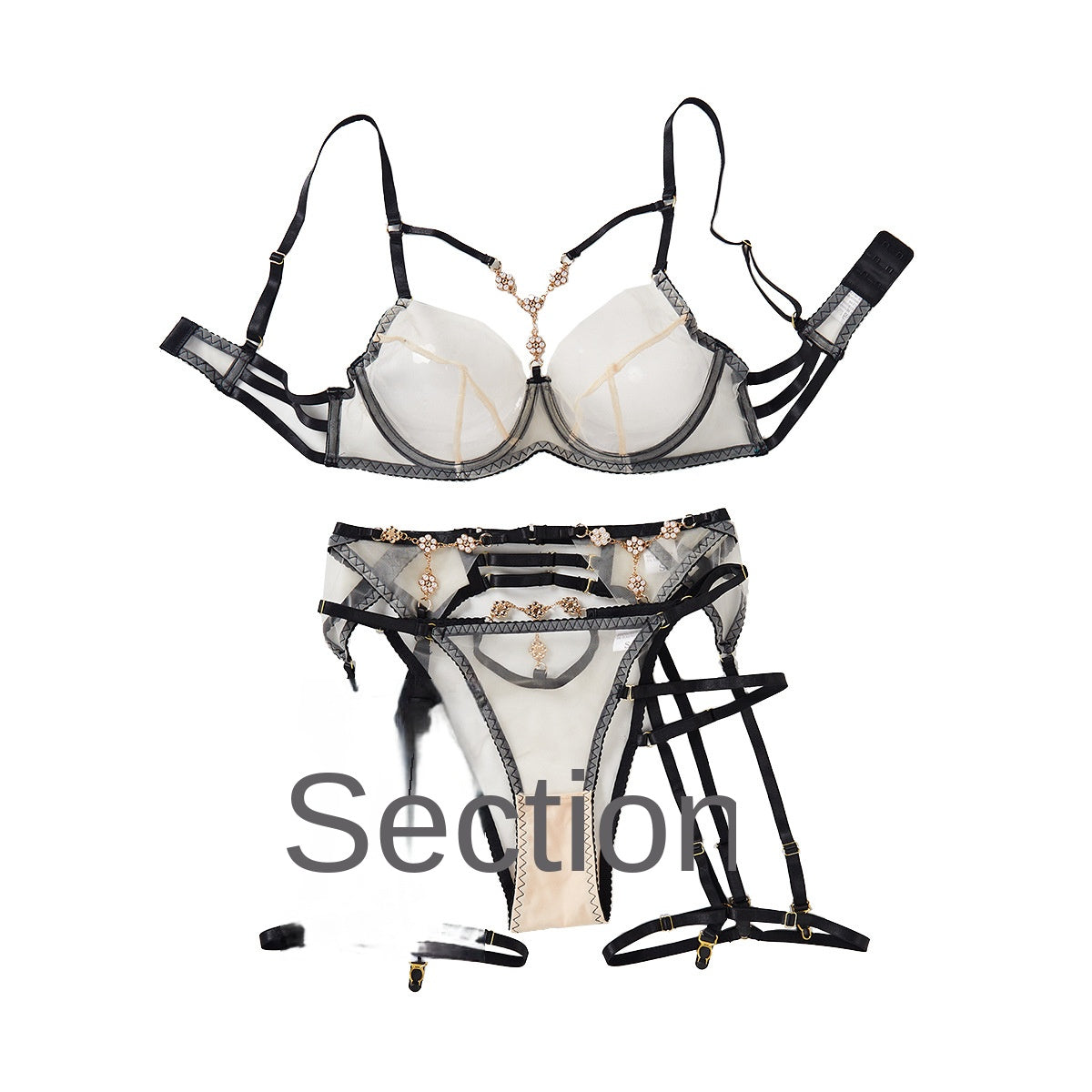 Perspective mesh splicing complex craftsmanship erotic lingerie three piece set for women