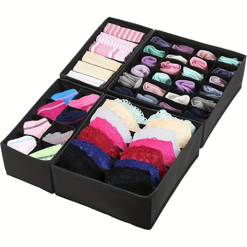 4pcs Underwear & Bras Organizer Storage Boxes - Foldable Drawer Dividers with Multi-Compartment for Socks, Ties, Belts, Scarves - Durable Plastic Closet Organizers, Space-Saving Design, Clothes Organizer Storage, Wardrobe Org