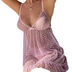 Sexy Mesh Heart Print Transparent Strap Nightgown Lingerie Set
