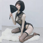 Sexy Cheongsam Hollow Peach Lace Cheongsam Sexy Lingerie Suit Uniform Temptation See-Through Short Yarn Pajamas