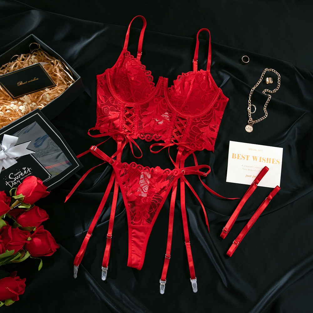 Red Lace Lingerie Set for Women - Sexy , Gathered and Adjustable Straps, Elegant and Comfortable