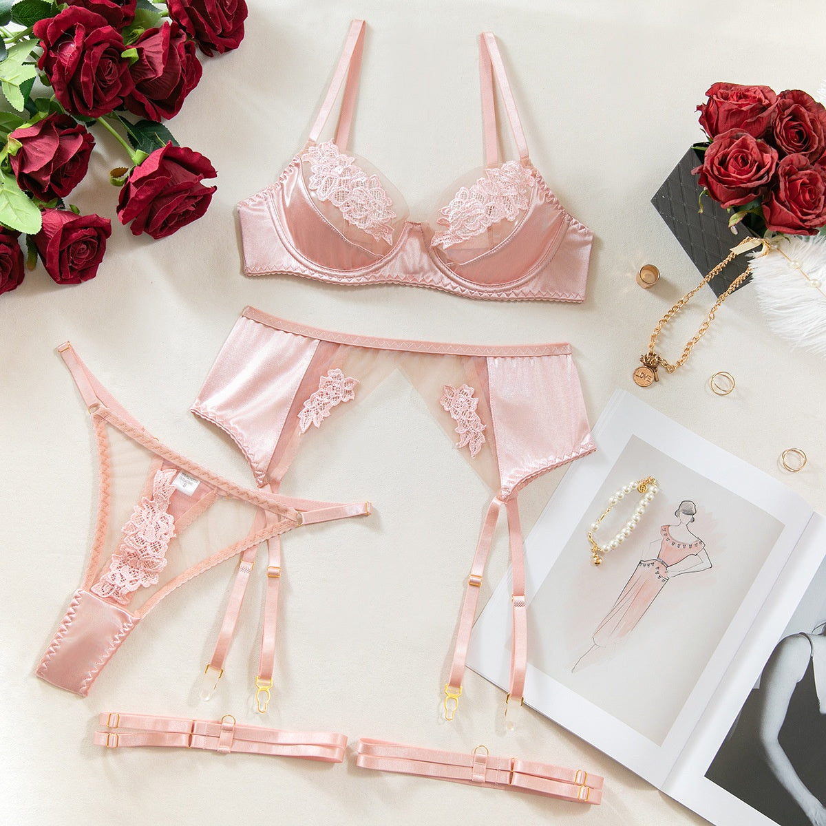 Sexy Mesh Embroidery Splicing Bra Set Women's Gathered Tempting Lingerie Four-Piece Set