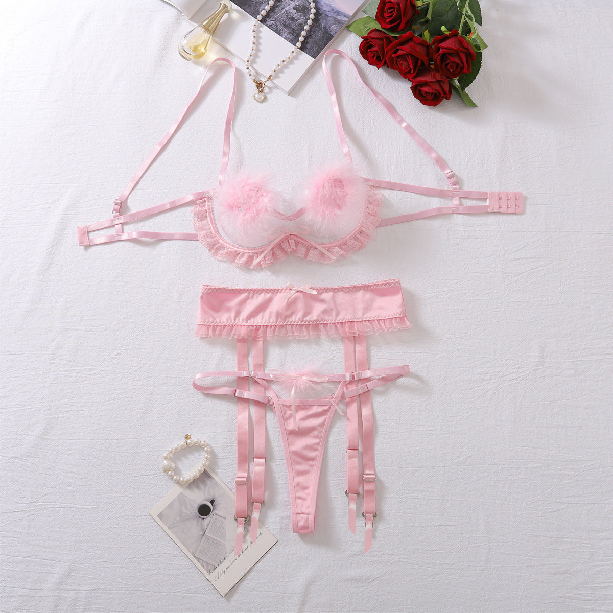 Hollow out perspective splicing feather themed lingerie three piece set