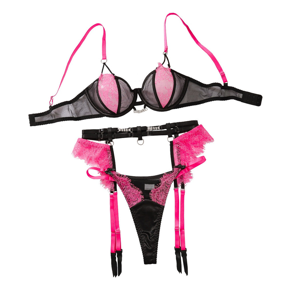 Lace splicing mesh sexy lingerie garter belt three piece set