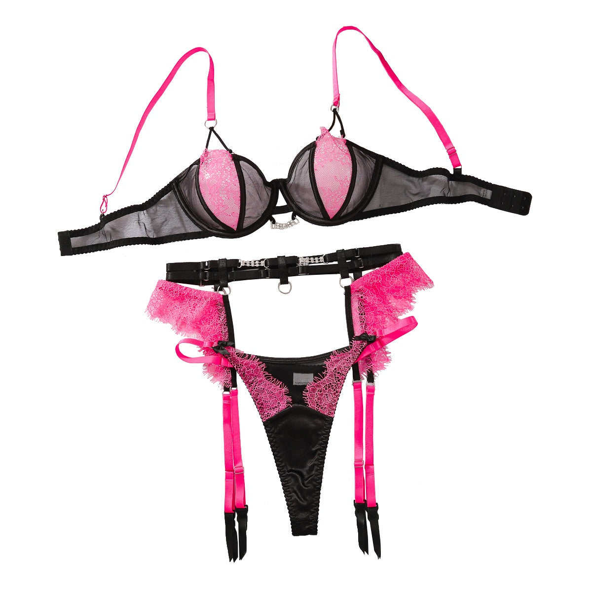 Lace splicing mesh sexy lingerie garter belt three piece set