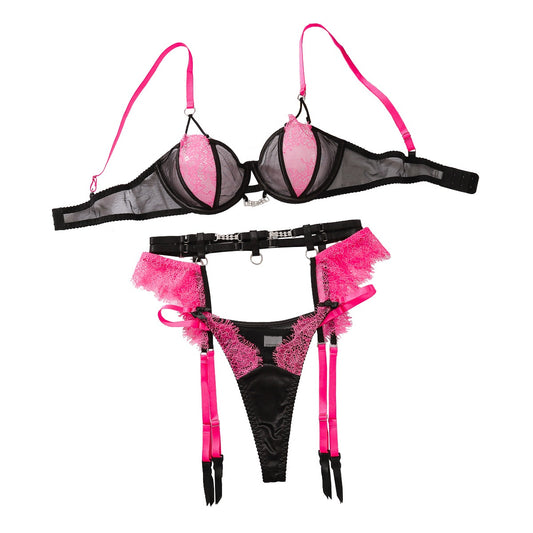 Lace splicing mesh sexy lingerie garter belt three piece set