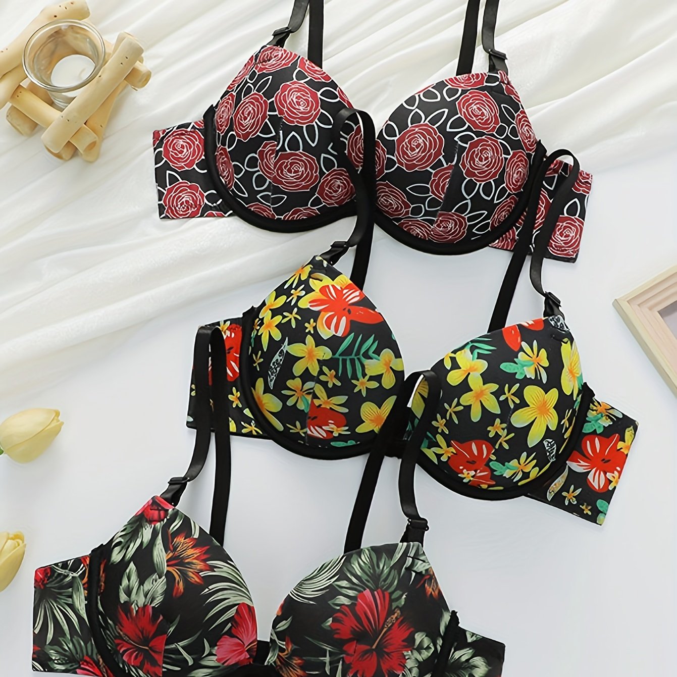 3pcs Women's Sexy Floral Underwire Push-Up Bra, Bra Sets, Padded Bras for Women Asian, Padded Bralette, Lace Bralettes, Bra And Panty Sets for Women, Padded Bra, Convertible Bra, High Bra, No Back Bras Unpadded, Push Up Bras