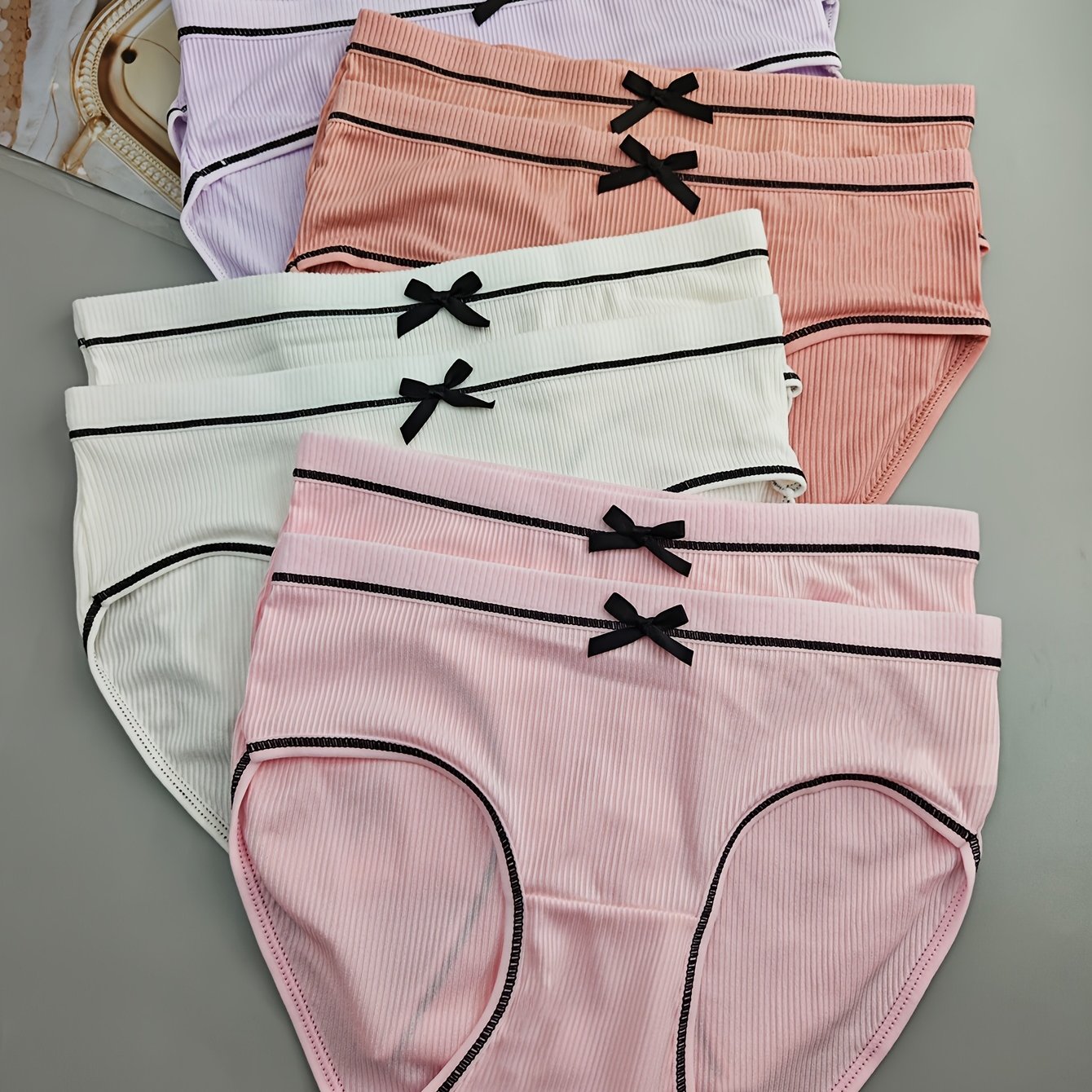 8-Pack Sexy Low-Rise Women'S Panties with Bow Detail, Breathable Knit Polyester Underwear, Low Support Solid Color Briefs
