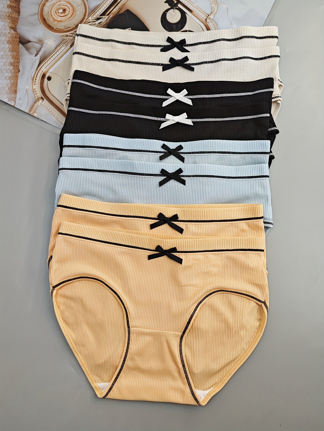 8-Pack Sexy Low-Rise Women'S Panties with Bow Detail, Breathable Knit Polyester Underwear, Low Support Solid Color Briefs