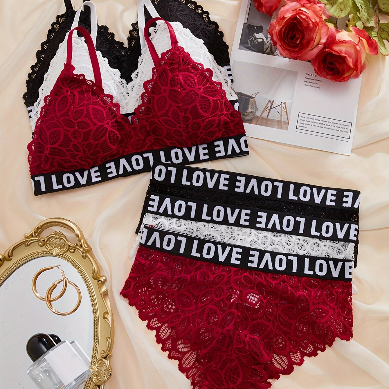 Chic 3-Set Womens Lingerie Bundle - Wireless Contrast Lace Bras & Letter-Trim Panties - Comfortable & Stylish Daily Wear