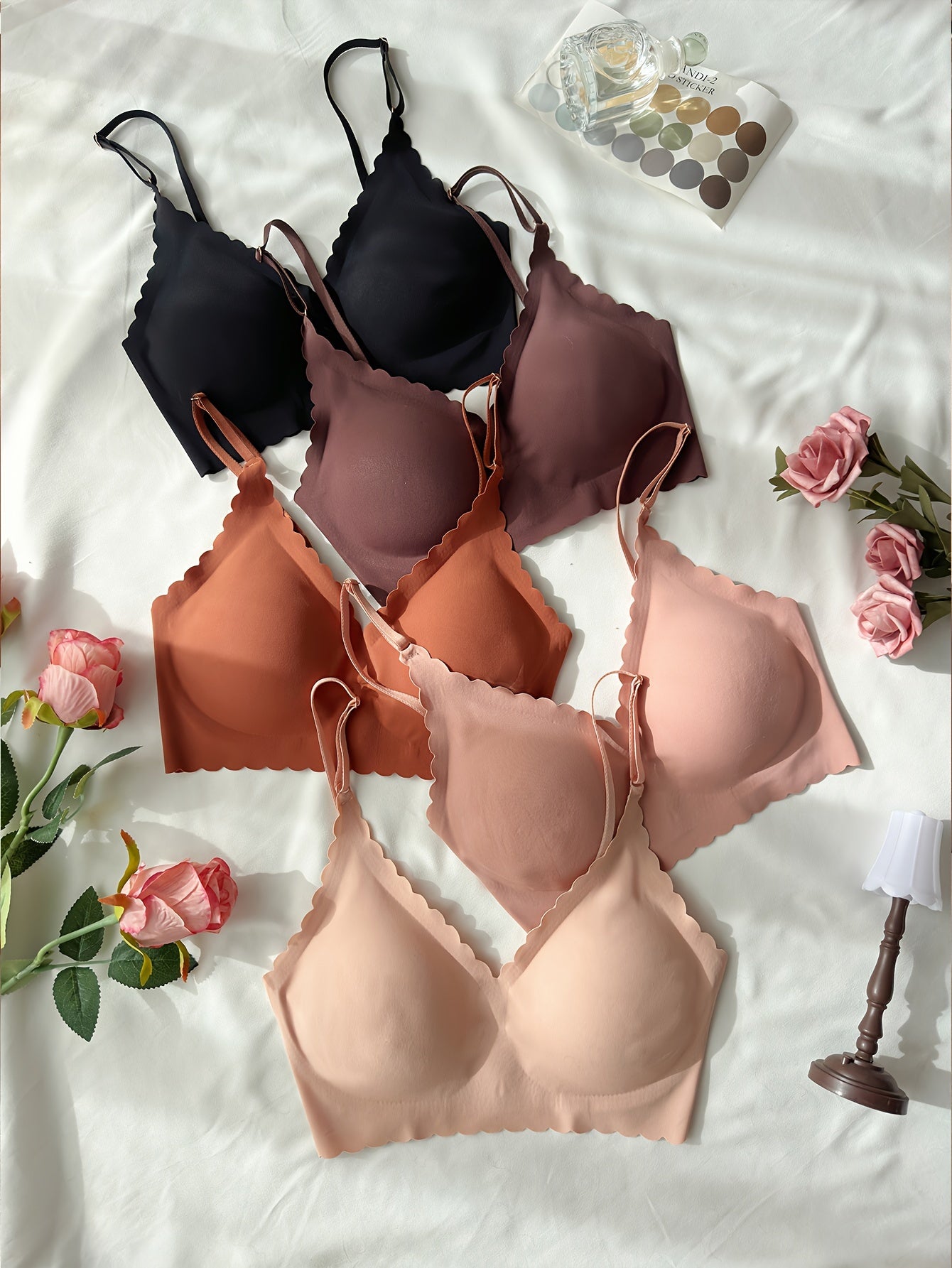 5 Pcs Elegant Solid Bras, Scallop Trim Adjustable Strap Seamless T-shirt Bra, Women's Lingerie & Underwear